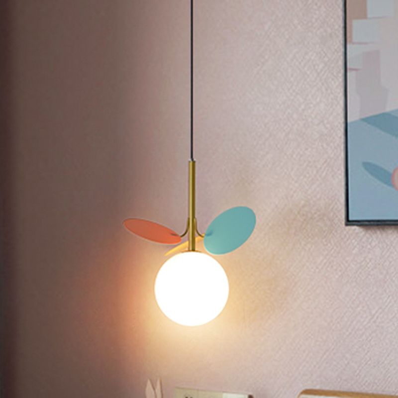 Nordic Globe Suspension Light White Glass 1-Bulb Bedroom Pendant Lamp with Red and Blue PVC Panel