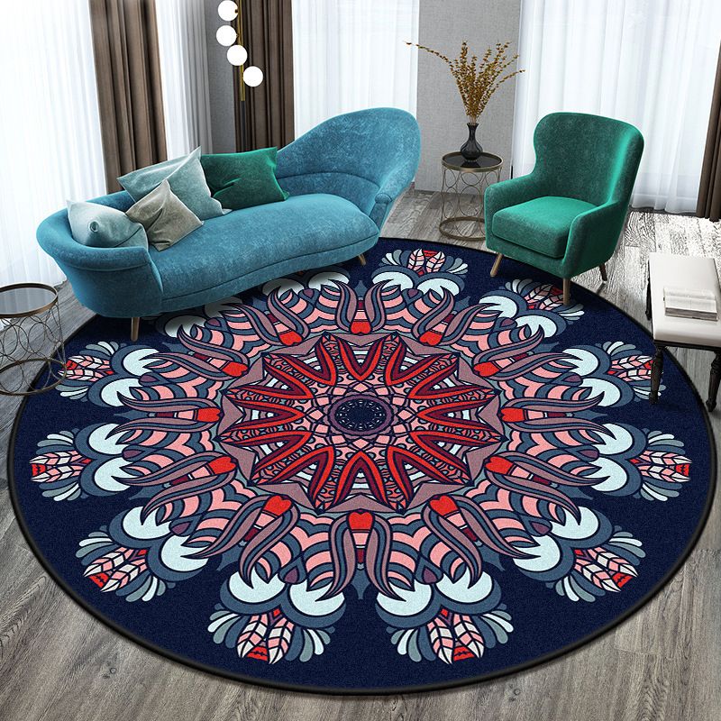 Bohemian Living Room Rug Multicolor Mandala Rug Polyester Stain Resistant Washable Anti-Slip Backing Rug for Hall