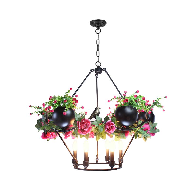 Iron Candle Ceiling Chandelier Industrial 6/8 Bulbs Restaurant Pendant Lamp in Black with Flower and Bird Decor