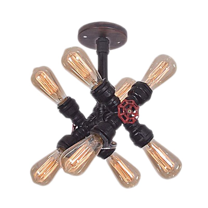 8-Bulb Iron Semi Flush Mount Light Vintage Black Crossing Pipe Bedroom Flush Ceiling Light with Valve Deco