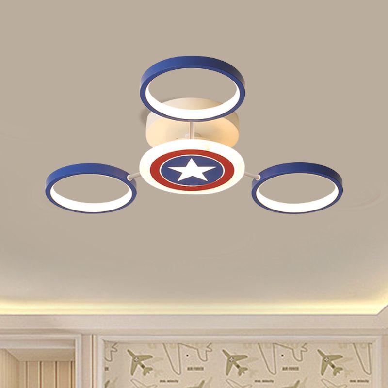 Round Flush Ceiling Light Kids Metallic 3/6 Lights Blue Semi Flush Mount with Star Pattern