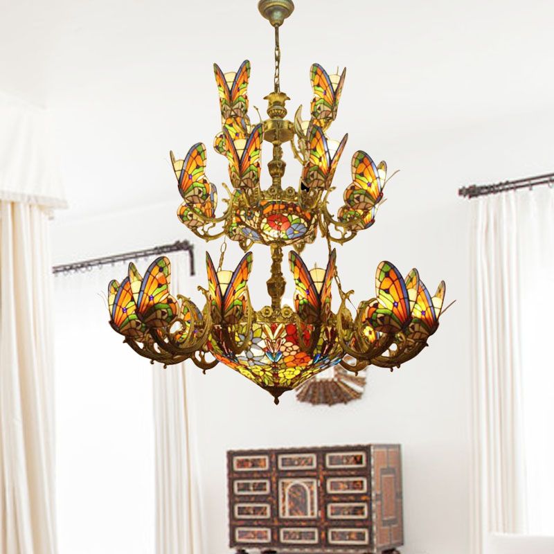 Multi-Colored Butterfly Chandelier with Flower Tiffany Exquisite Glass Pendant Light for Living Room