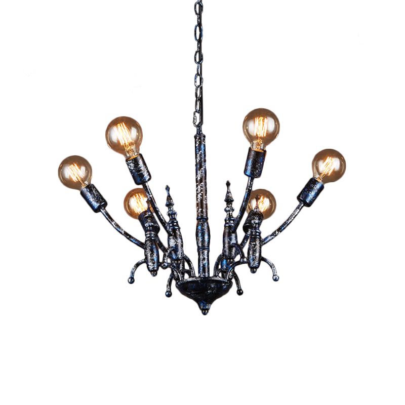 Bare Bulb Dining Room Chandelier Metallic Multi Head Vintage Pendant Light in Black