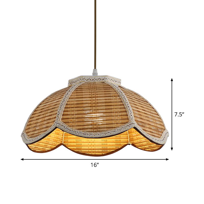 Hand Woven Scalloped Hanging Lamp Asian Bamboo 1 Bulb Restaurant Ceiling Pendant with Braided Trim