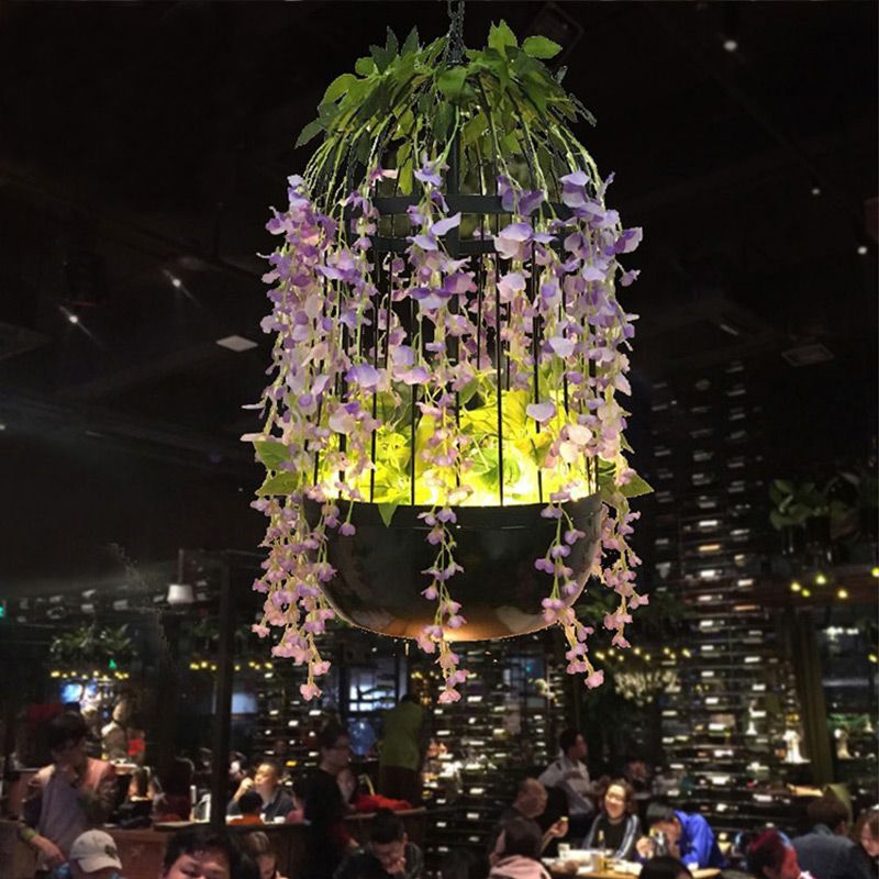 Luz de techo colgante de restaurante de jaula de pájaros Lámpara retro de metal retro 1 cabezal lámpara de caída de led negro con decoración de flores