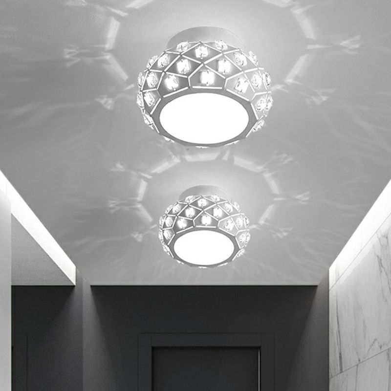 Artistic Drum Shaped Flush Light Crystal Corridor LED Flush Ceiling Light Fixture in White