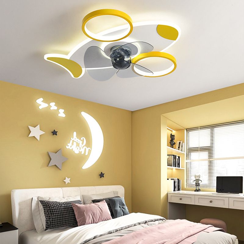 Creative Aircraft Shaped Ceiling Fan Light Metallic Child Room Semi Flush Mount Lamp