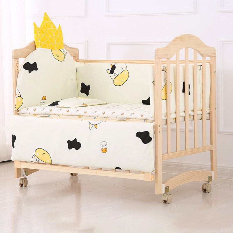 Modern Baby Crib with Mattress Washed Natural Wood with Wheels Nursery Bed