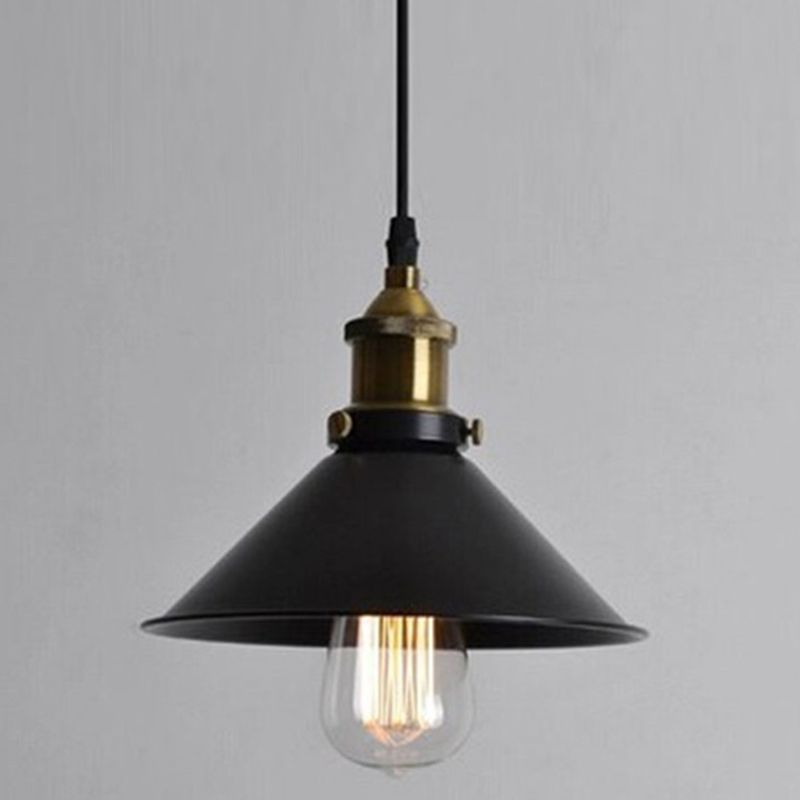 Industrial Wrought Iron Hanging Light Conical Metal Shade Single Bulb Pendant in Black for Barn Farmhouse Porch