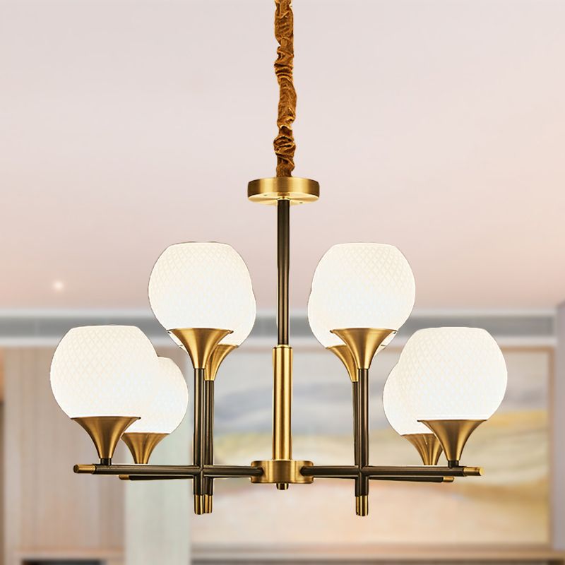 Contemporary Global Chandelier Lighting White Glass 8 Bulbs Bedroom Brass Hanging Lamp with Vertical Design