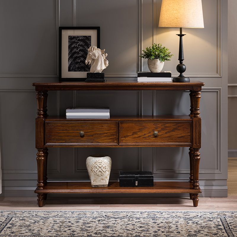 Mid-Century Modern Console Table with Rubbered Wood 4 Legs and 2 Drawers