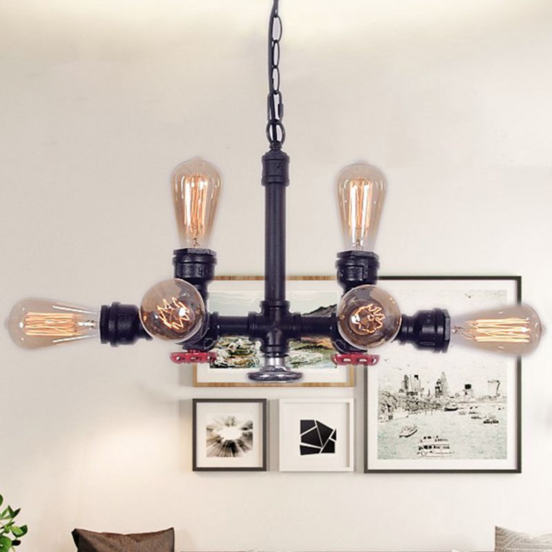 Black Water Pipe Chandelier Lamp Industrial Metal 8-Light Living Room Hanging Light with Valve