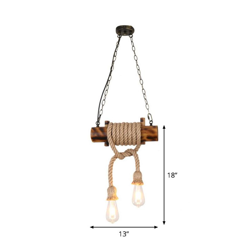 2-Head Exposed Bulb Design Drop Lamp Lodge Brown Hand Made Hemp Rope Pendant Chandelier