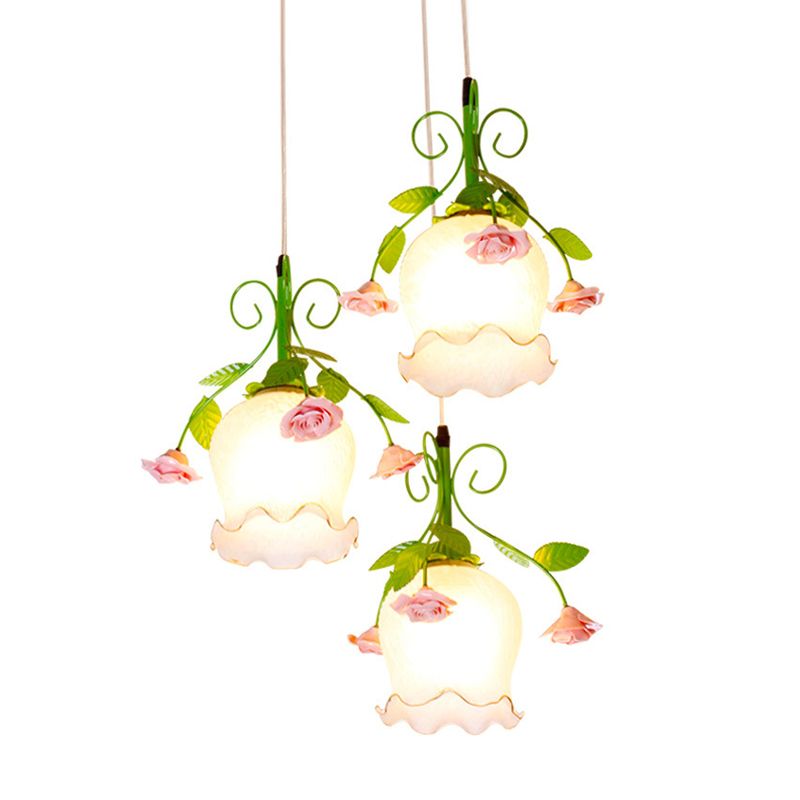 Flower White Glass Cluster Pendant Pastoral 3 Heads Dining Room LED Hanging Ceiling Light