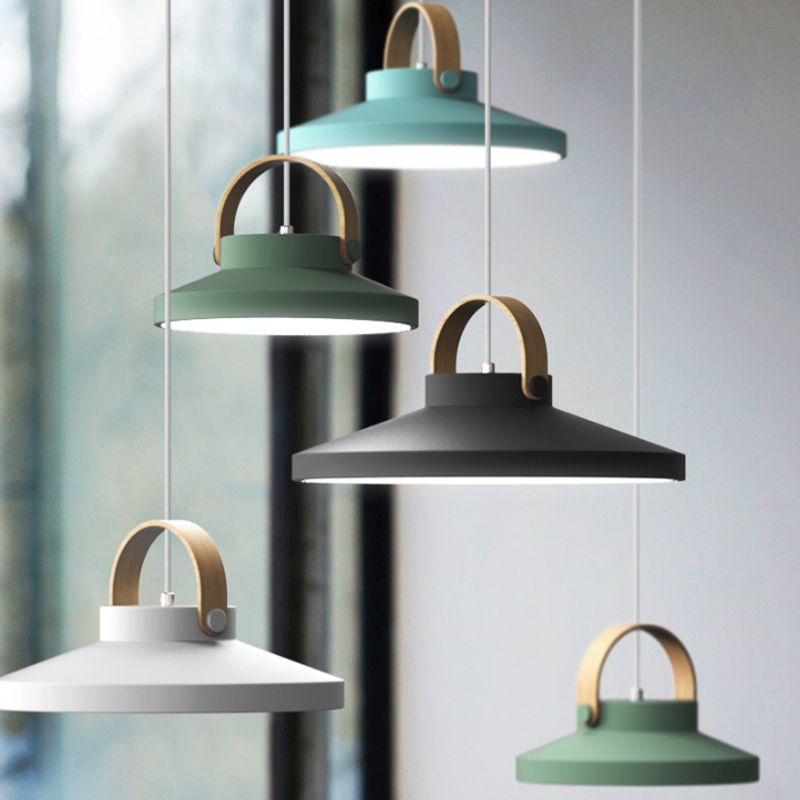 Wood-Handled Pot Lid Suspension Pendant Kitchen Iron Nordic LED Pendulum Light in Green/Black/White