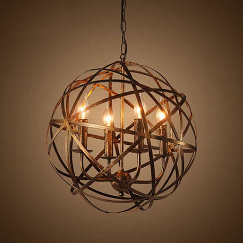 Globe Metal Pendant Lighting Industrial 4 Lights Dining Room Chandelier Hanging Light Fixture in Weathered Gold