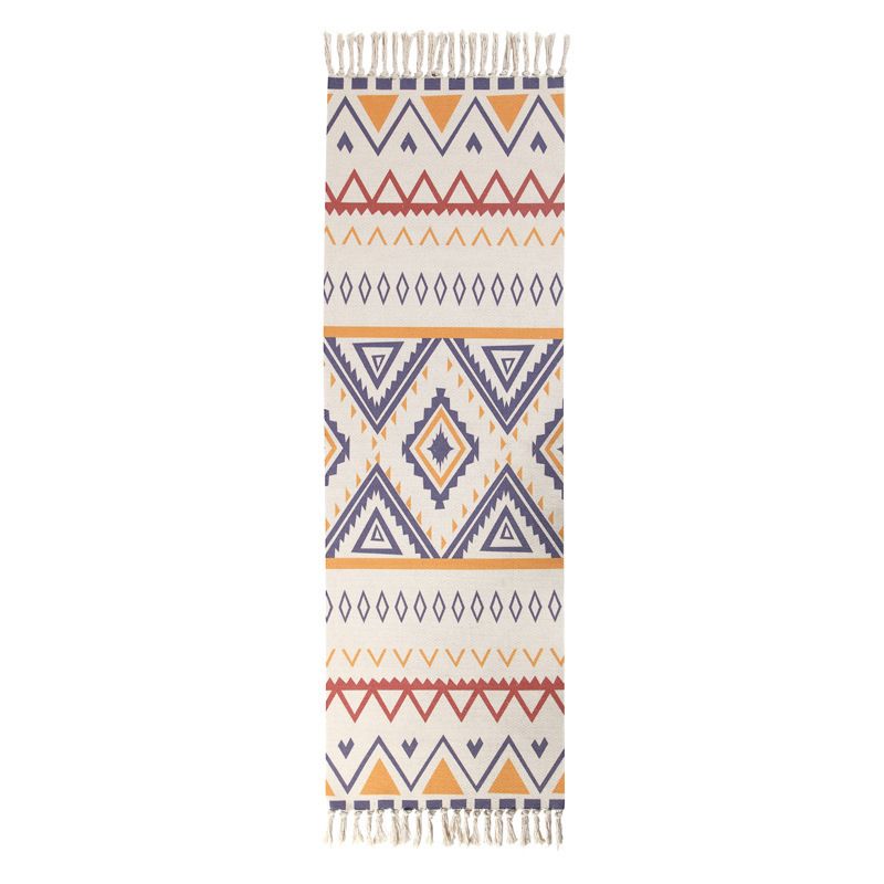 White Tone Bohemian Area Rug Cotton Leaves Print Rug Fringe Indoor Rug for Home Decoration