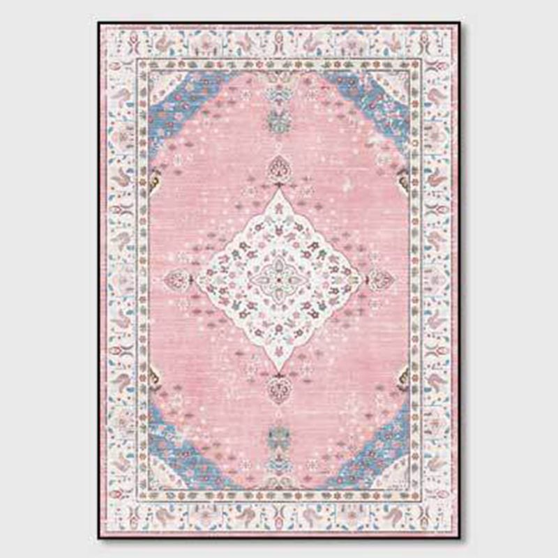 Pink Distressed Floral Print Rug Shabby Chic Polyester Area Rug Non-Slip Backing Indoor Carpet for Home Decor