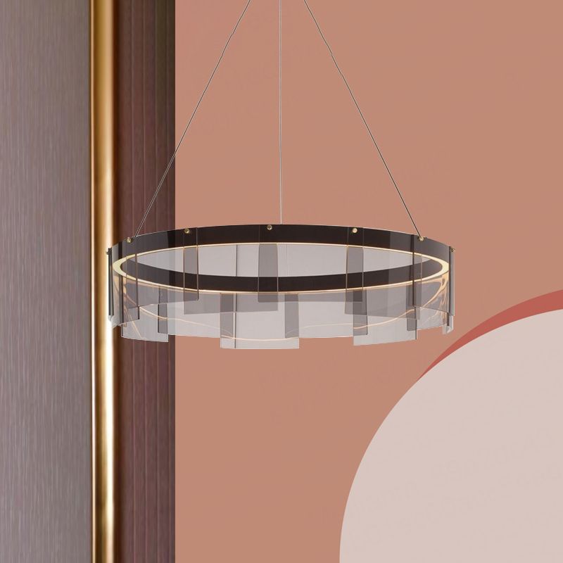 Black Glass Panel Ring Pendant Light Fixture Contemporary LED Ceiling Suspension Lamp in White/Warm Light