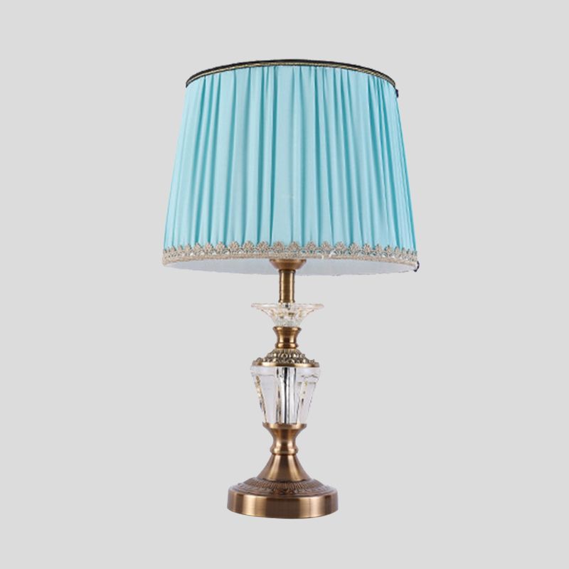 Tamburo cristallo di cristallo leggero modernismo tessuto 1 comodino lampada in blu/beige