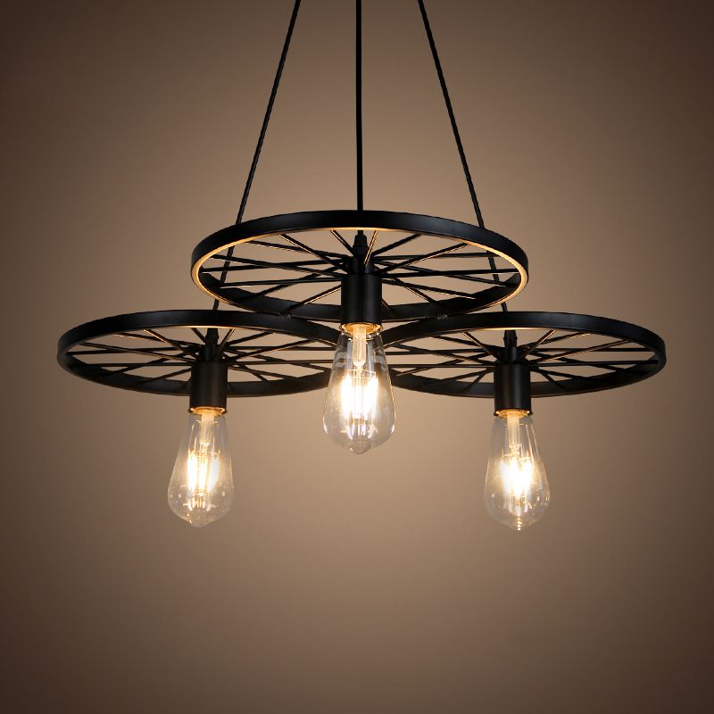 Black Wheel Chandelier Lighting Industrial Metal Living Room Hanging Light Fixture