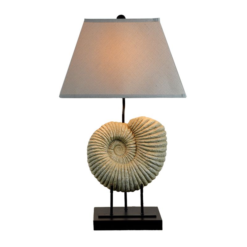 French Country Spiral Shell Night Lamp 1-Light Resin Table Lighting with Pyramid Fabric Shade in White