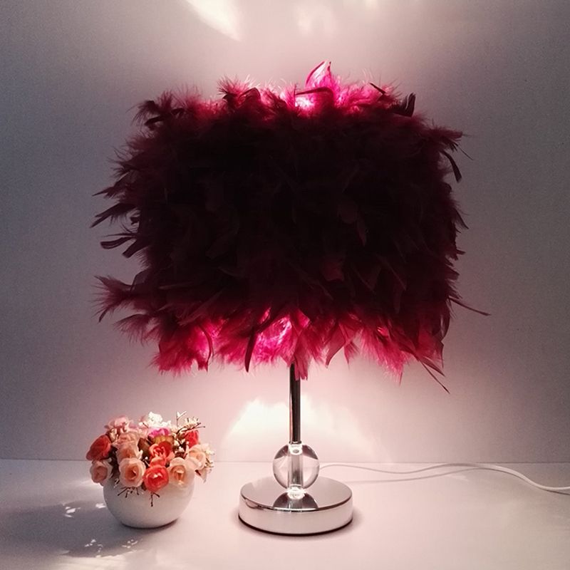 Cylinder Feather Table Lamp Contemporary 1 Bulb Red/Pink/Burgundy Night Stand Light with Crystal Ball