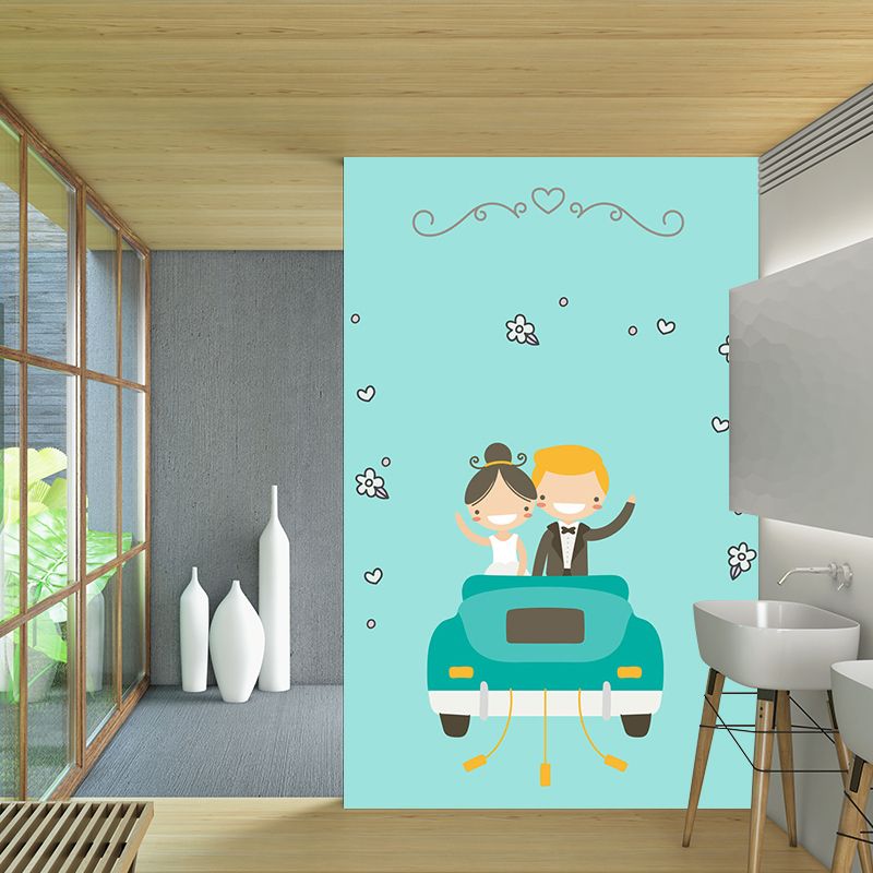 Aqua Couples Pattern Mural Cartoon Childrens Art Stain Resistant Wall Decoration for Bedroom