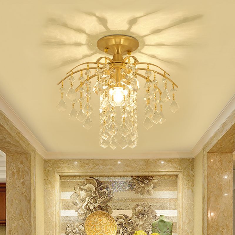 Modern Cascade Semi Flush Mount Crystal 1 Light Corridor Ceiling Light Fixture in Gold