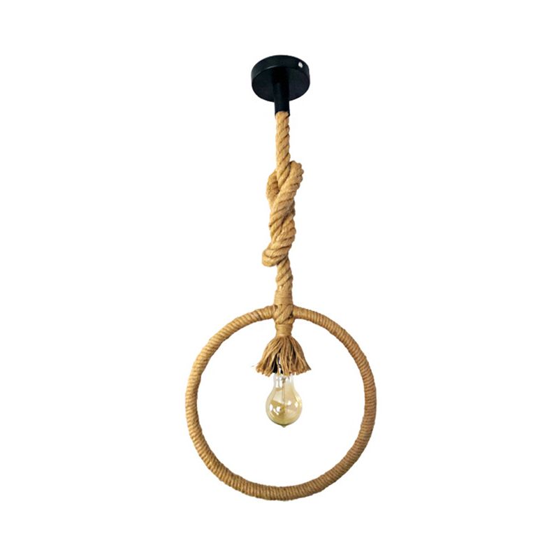 Ring Restaurant Hanging Light Kit Industrial Rope 1-Light Beige Suspended Pendant Lamp with Knots Cord