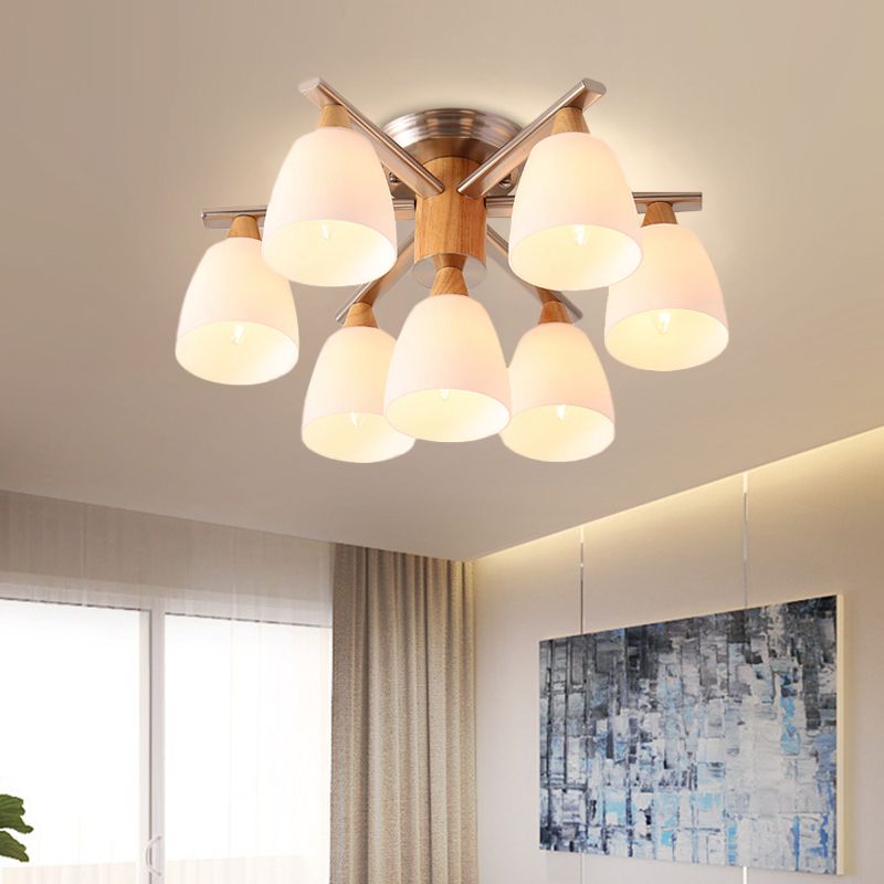 Modernist 7 Lights Semi Flush Lighting Chrome and Wood Cup Ceiling Mounted Lamp with Opal Glass Shade