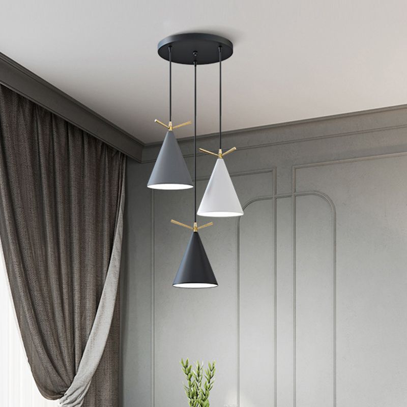 Cone Shade Cluster Pendant Nordic Metallic 3-Light Black/Black-Grey-White/White Hanging Lamp with Antler Decor and Round/Linear Canopy