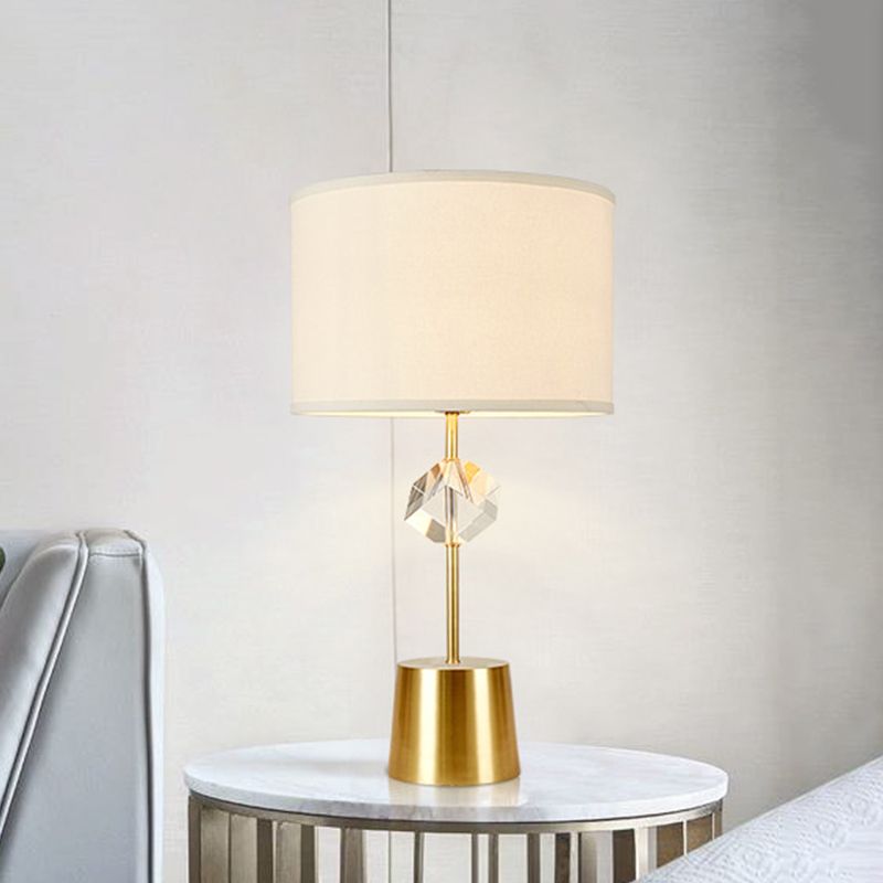 Gold 1 Head Table Light Traditional Fabric Drum Shade Nightstand Lamp with Clear Crystal Cube Deco