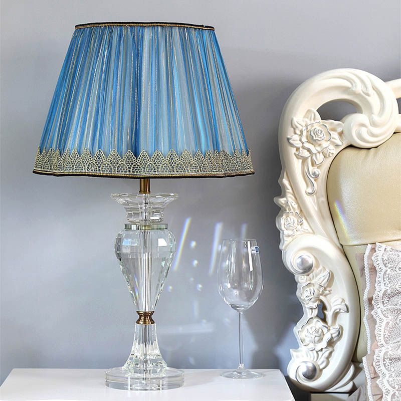 1 Light Barrel Night Table Lamp Traditional Blue Fabric Nightstand Light with Crystal Base