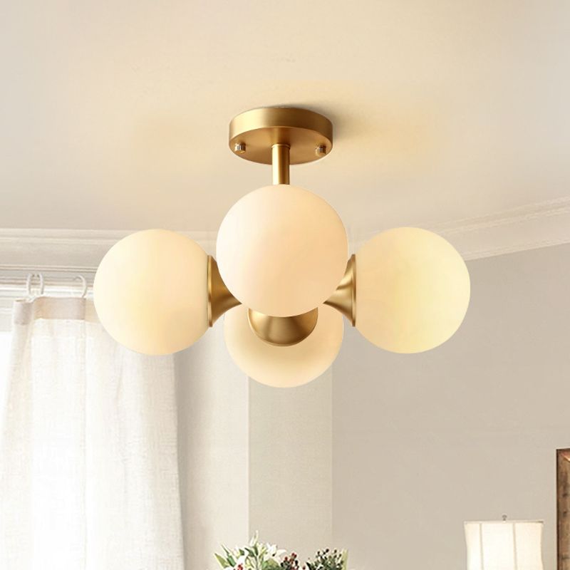 Ball Kitchen Ceiling Mount Light Opaline Glass 4 Bulbs Postmodern Semi Flush Light Fixture in Gold