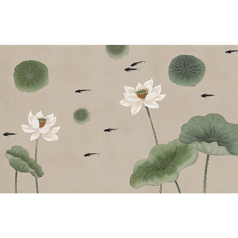 Giant Illustration Lotus Wall Art Lotus and Leaf Mural Wallpaper, Green and Brown