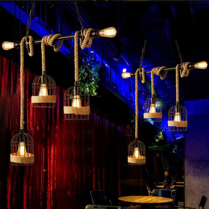 Birdcage Iron Pendant Licht Antiek restaurant Hanglicht met bungelend touw in zwart