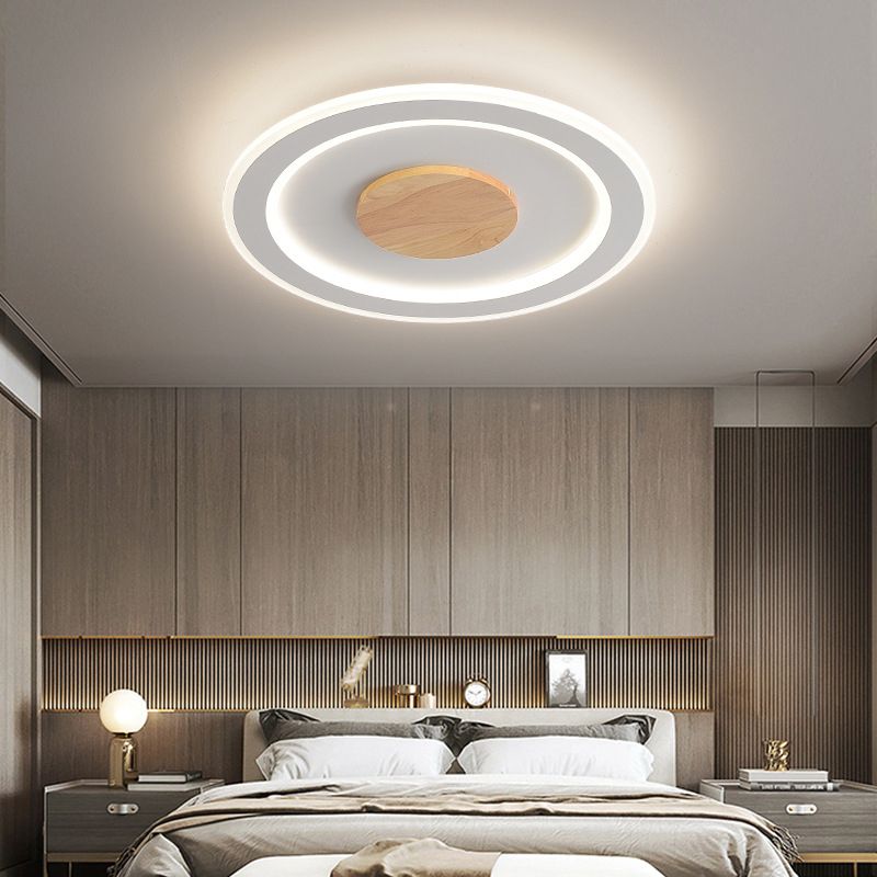 White Circle Flush Light Modern Wood LED Ceiling Light Fixture for Bedroom