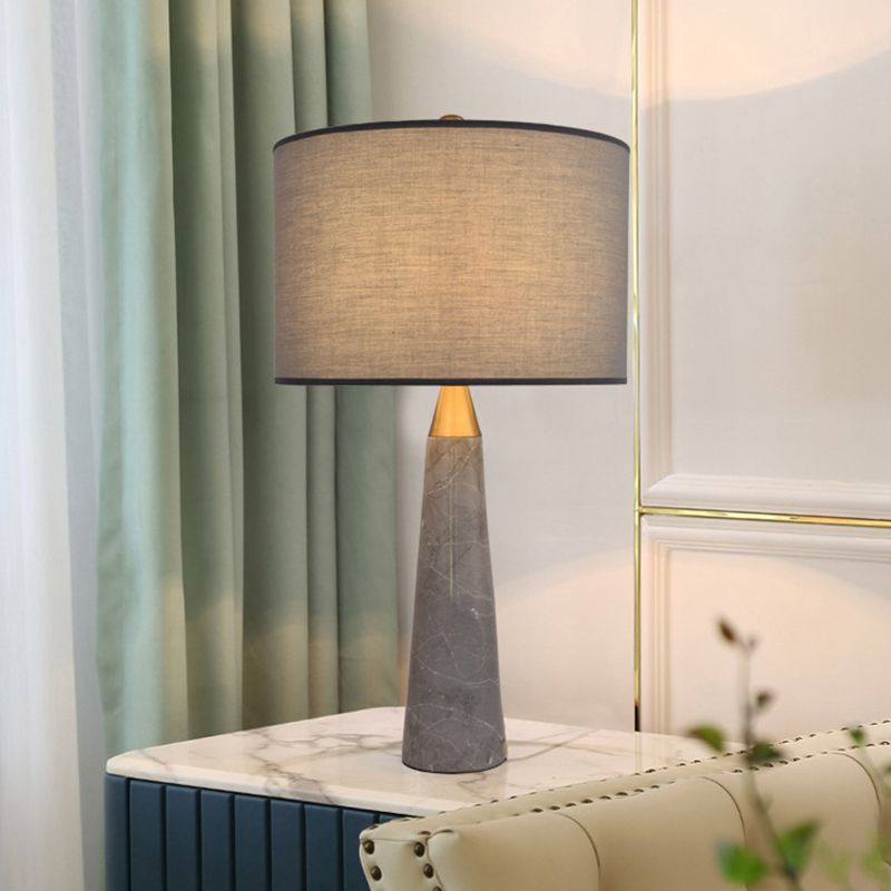 Fabric Cylinder Table Lamp Nordic Single-Bulb Nightstand Light with Conical Marble Base in Grey/White