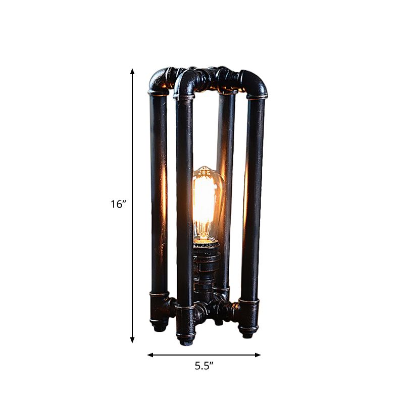 Iron Black Plug In Table Light Piping 1 Light Rustic Nightstand Lamp with Rectangle Cage Design