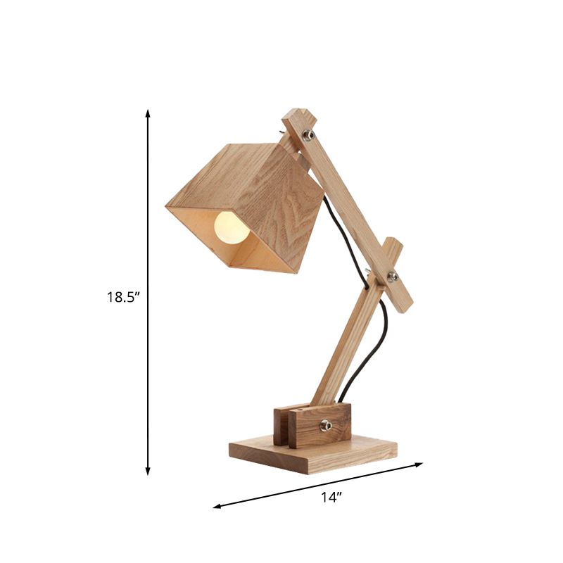 Beige Trapezoid Shade Table Light Modernist 1 Bulb Wood Desk Lamp with Adjustable Arm