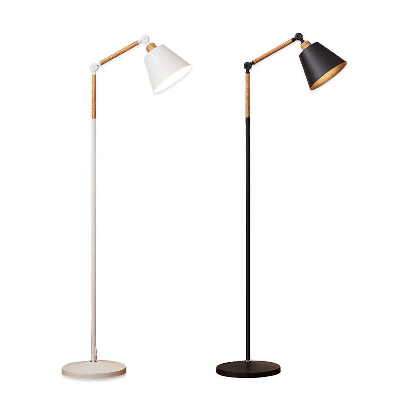 Nordic 1 Bulb Floor Lamp Wood Finish Swing Arm Reading Floor Light with Conical Metal Shade