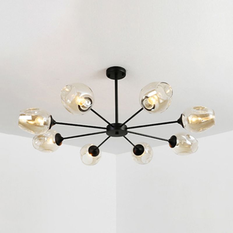 Modernist 3/6/8 Lights Hanging Chandelier Black/Chrome Sputnik Suspension Pendant with Blue/Amber Glass Shade