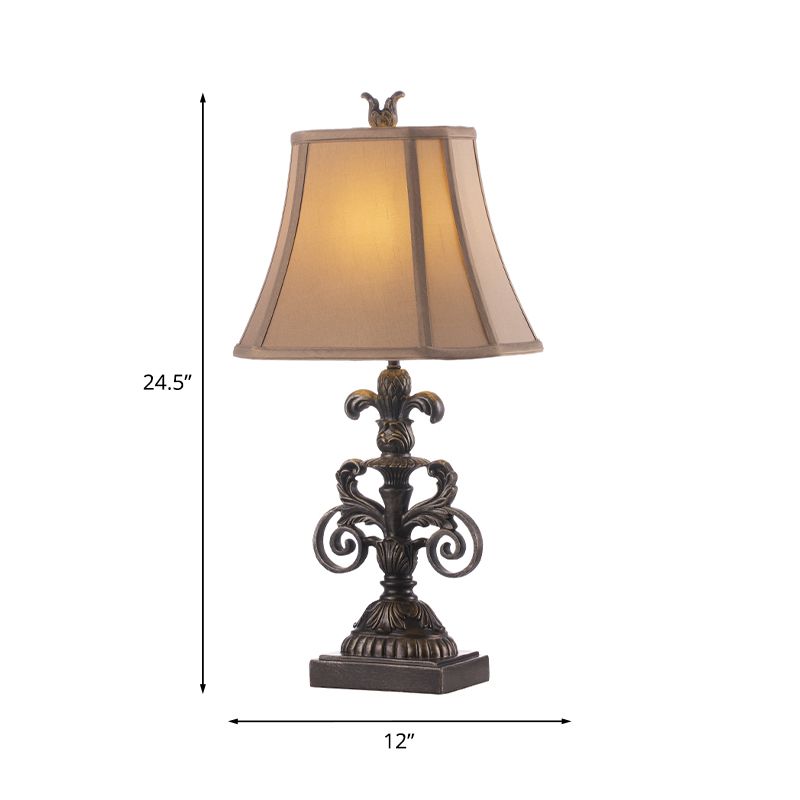 1-Light Pagoda Night Stand Lamp Retro Khaki Fabric Table Lighting with Carved Fleur De Lis Pedestal