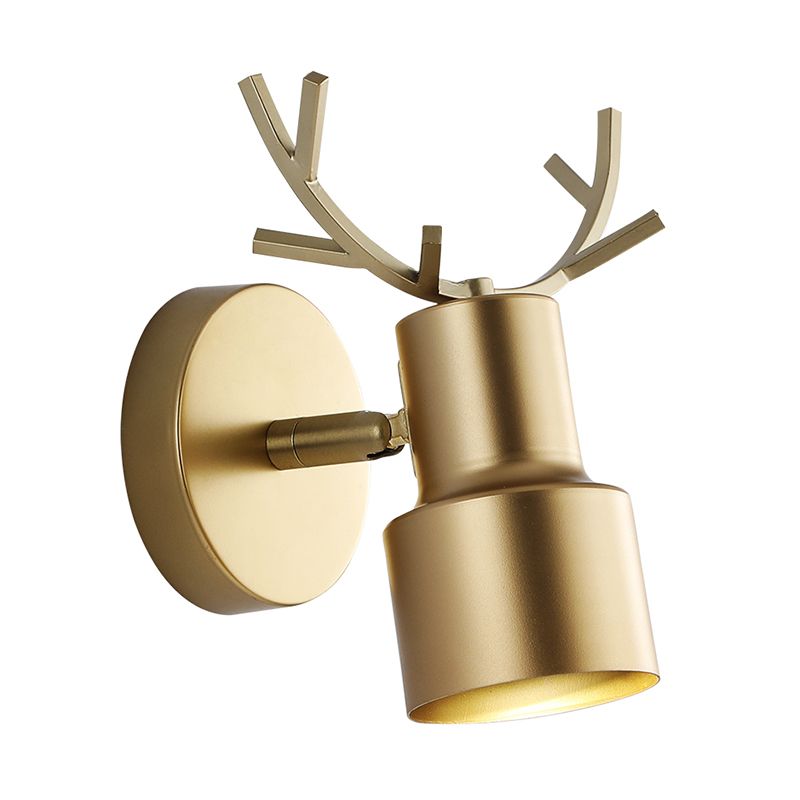 1-Light Bedroom Wall Lamp Macaron Gold Antler LED Wall Light Fixture with Dual Drum Metal Shade