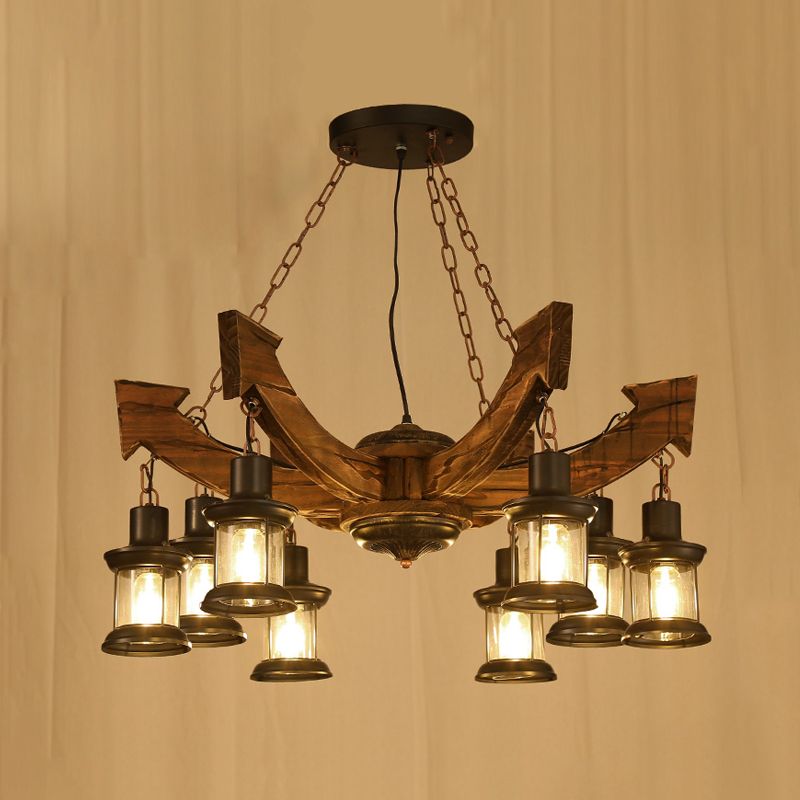 8 Lights Pendant Chandelier Farm Clear Glass Suspension Lamp in Black with Wood Anchor Deco