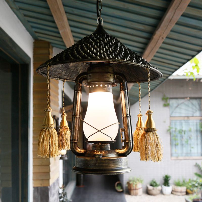 Bronze 1 Head Hanging Pendant Rural Cream Glass Kerosene Ceiling Suspension Lamp with Tassel Knot and Cone Top