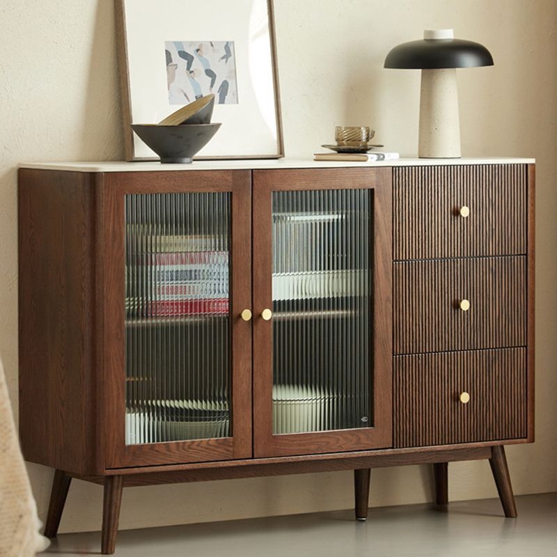 Cherry Wood Sideboard Modern Stone Top with Glass Door in Espresso