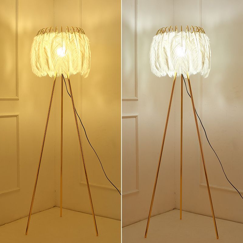 Tripod Feather Floor Light Post-Modern 1 Bulb Gold Finish Stand Up Lamp for Living Room