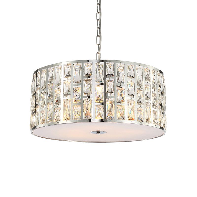 Clear Crystal Drum Chandelier Light Contemporary Pendant Lamp with Metal Chain in Chrome for Bedroom